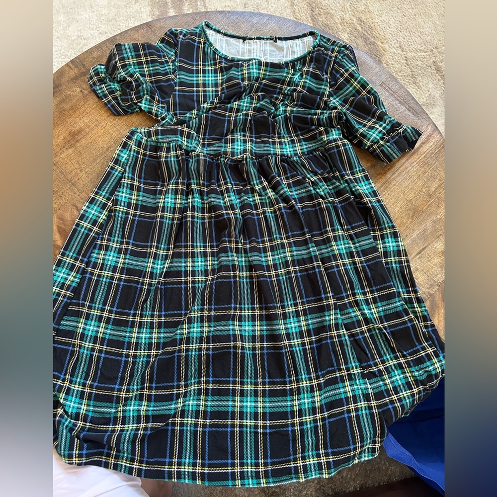 Kids Plaid Dress in Black and Teal - Classic Everyday Style